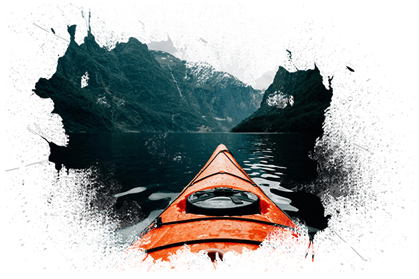 Orange canoe on lake surrounding with mountain at daytime